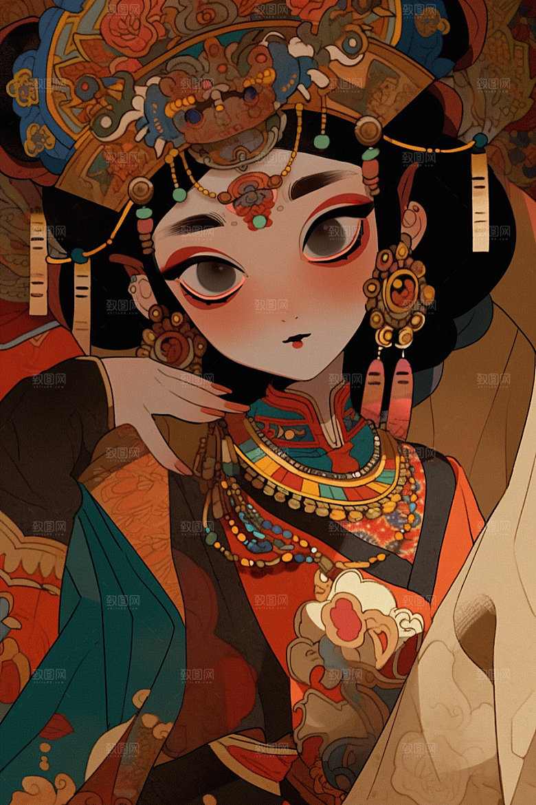 京剧女孩中国风中式插画