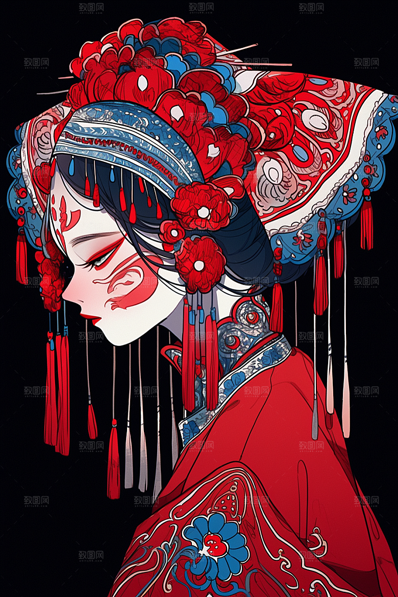 京剧女孩扮相国粹插画