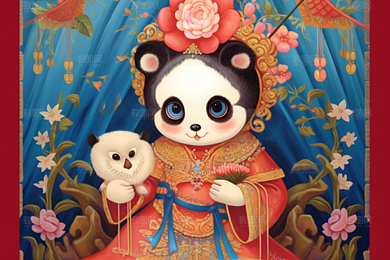 京剧熊猫中式手绘插画