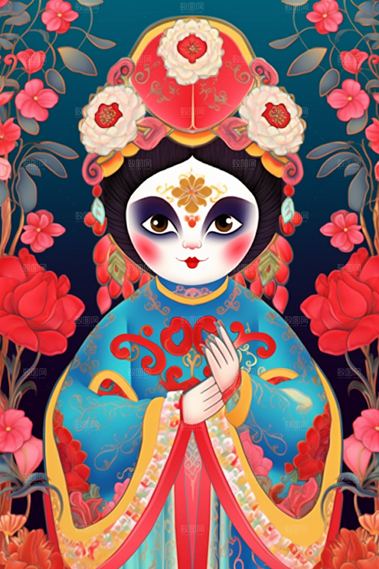 京剧熊猫手绘卡通插画