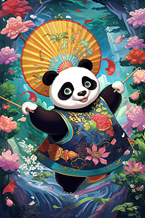 京剧熊猫中式传统纹样插画