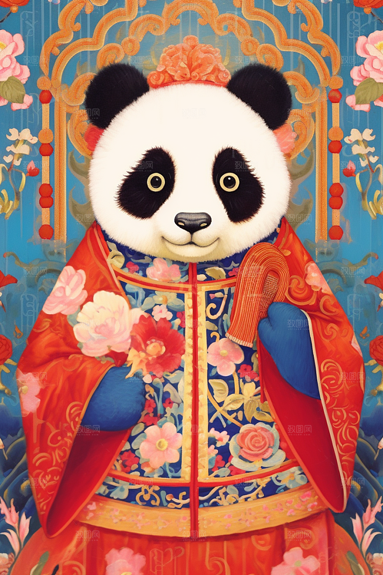京剧熊猫手绘卡通插画
