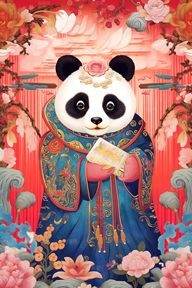 京剧熊猫国粹拟人插画