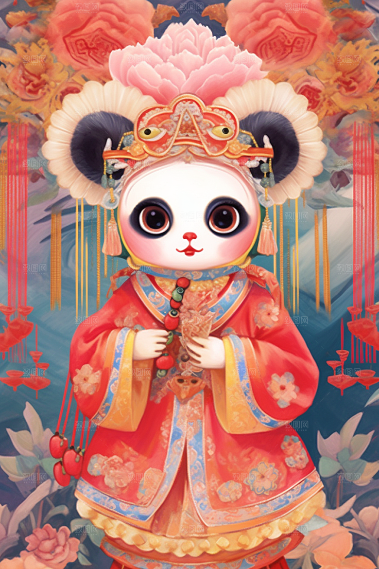 京剧熊猫传统纹样卡通插画