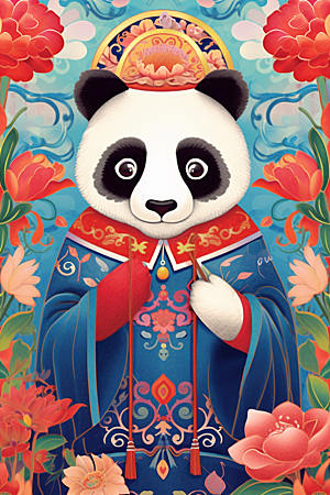 京剧熊猫手绘创意插画
