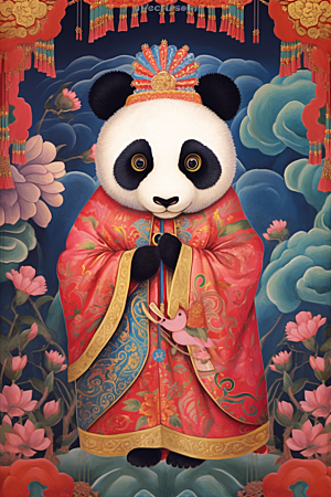 京剧熊猫传统纹样扮相插画