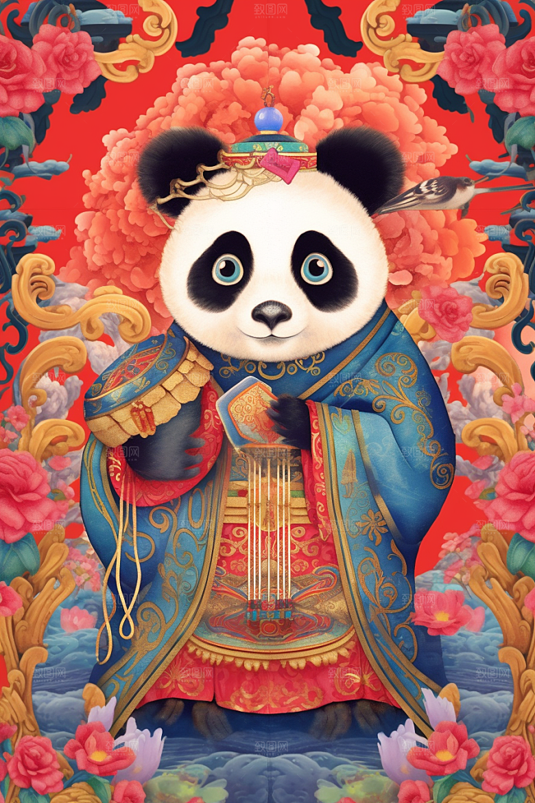 京剧熊猫传统纹样扮相插画