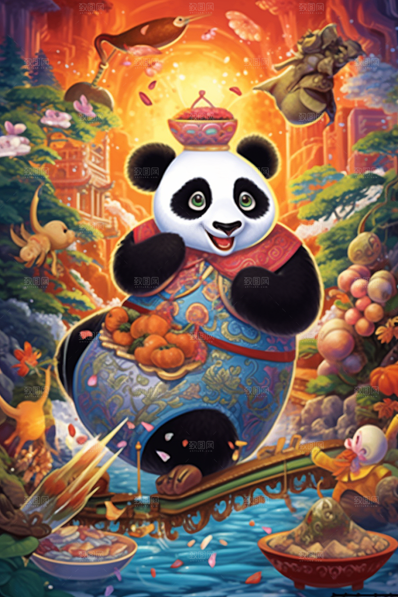 京剧熊猫创意国潮插画