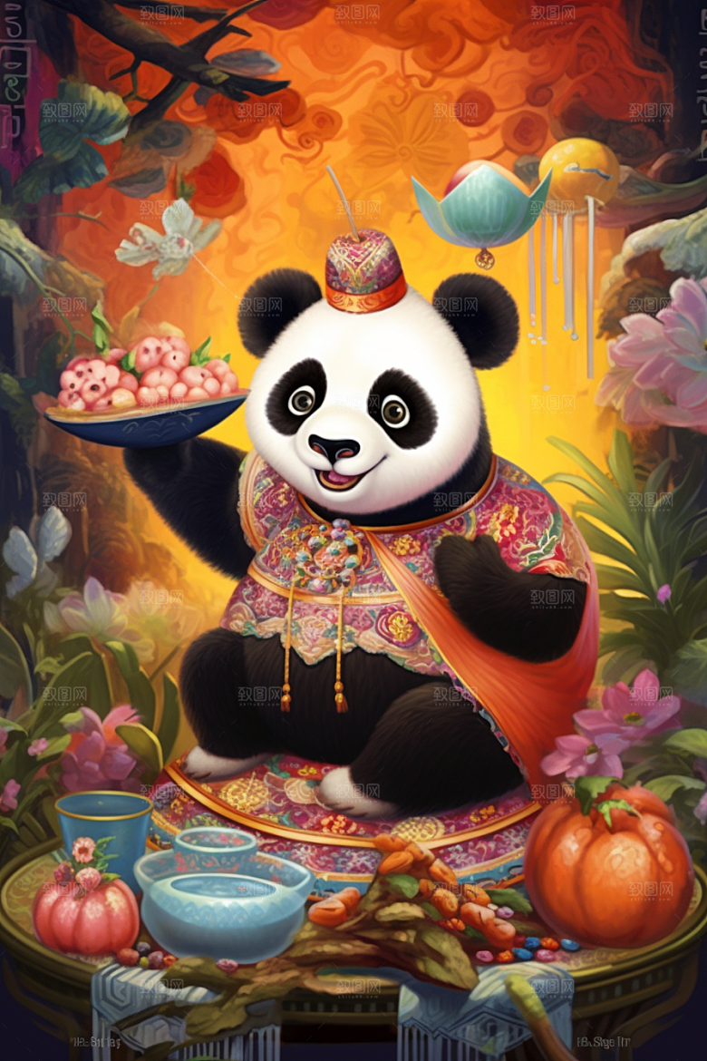 京剧熊猫中式国潮插画