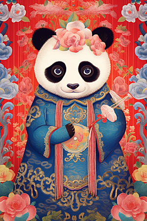 京剧熊猫传统纹样创意插画
