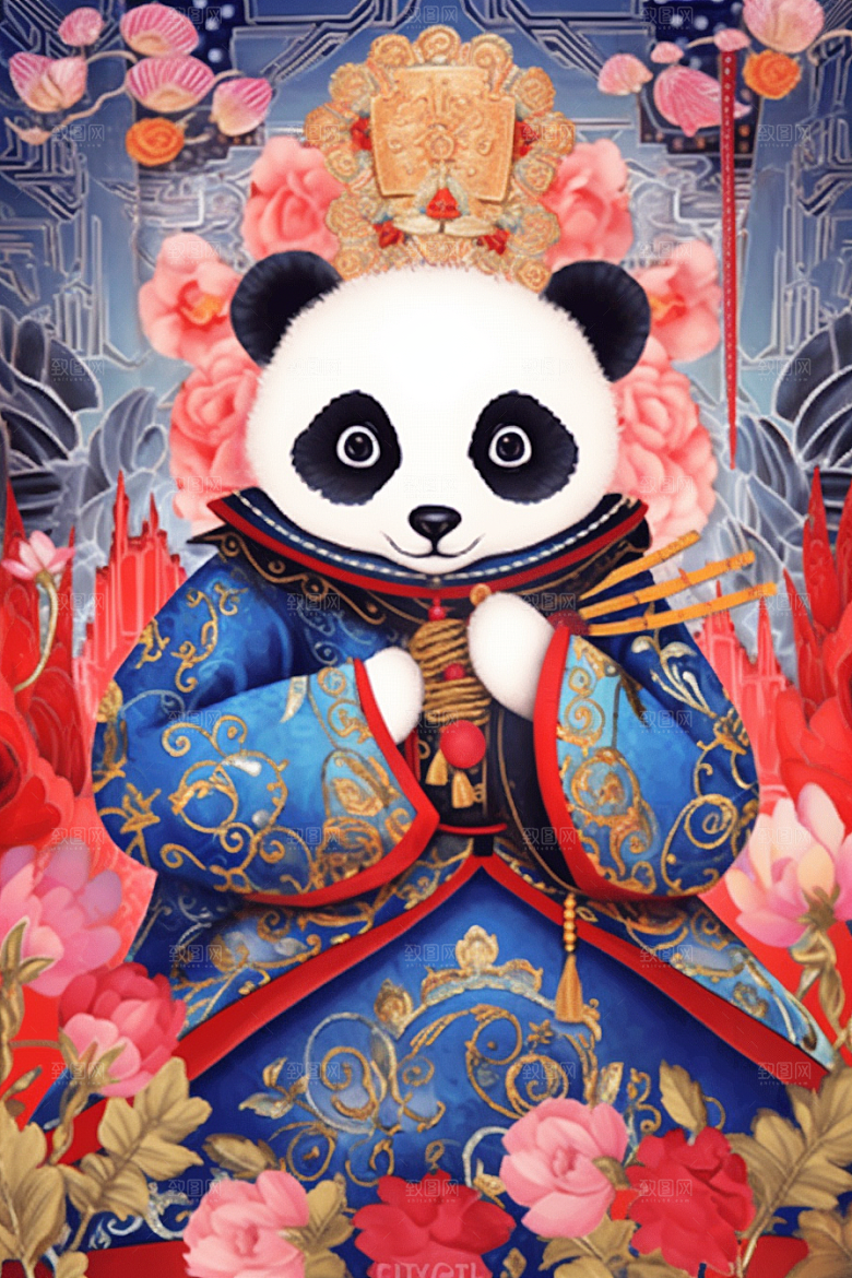 京剧熊猫拟人国粹插画