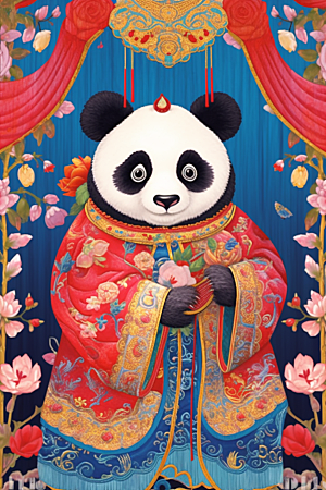 京剧熊猫中式手绘插画