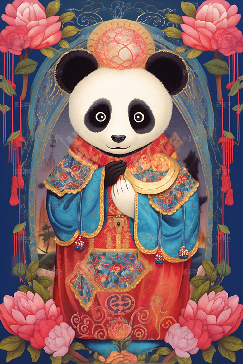 京剧熊猫国潮传统纹样插画