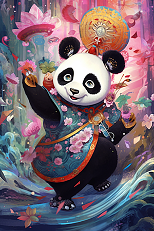 京剧熊猫传统纹样创意插画