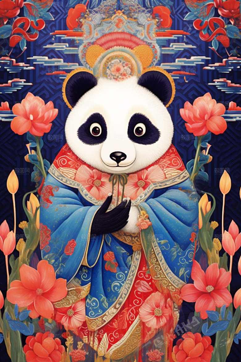 京剧熊猫拟人中式插画