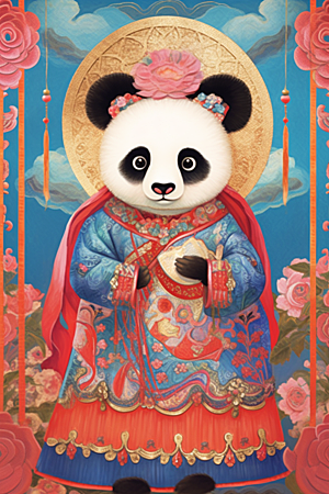 京剧熊猫扮相传统纹样插画