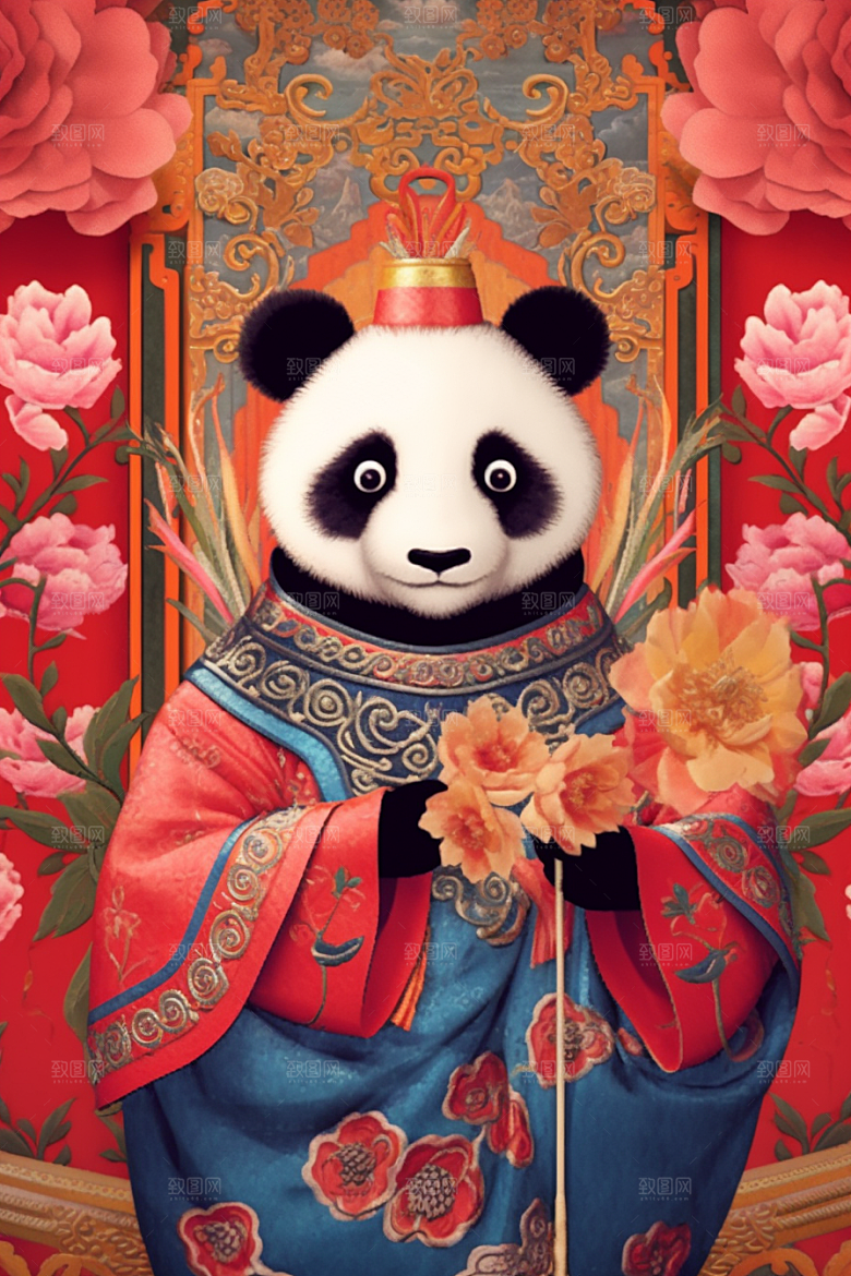 京剧熊猫国潮国粹插画