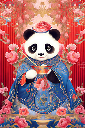 京剧熊猫拟人传统纹样插画