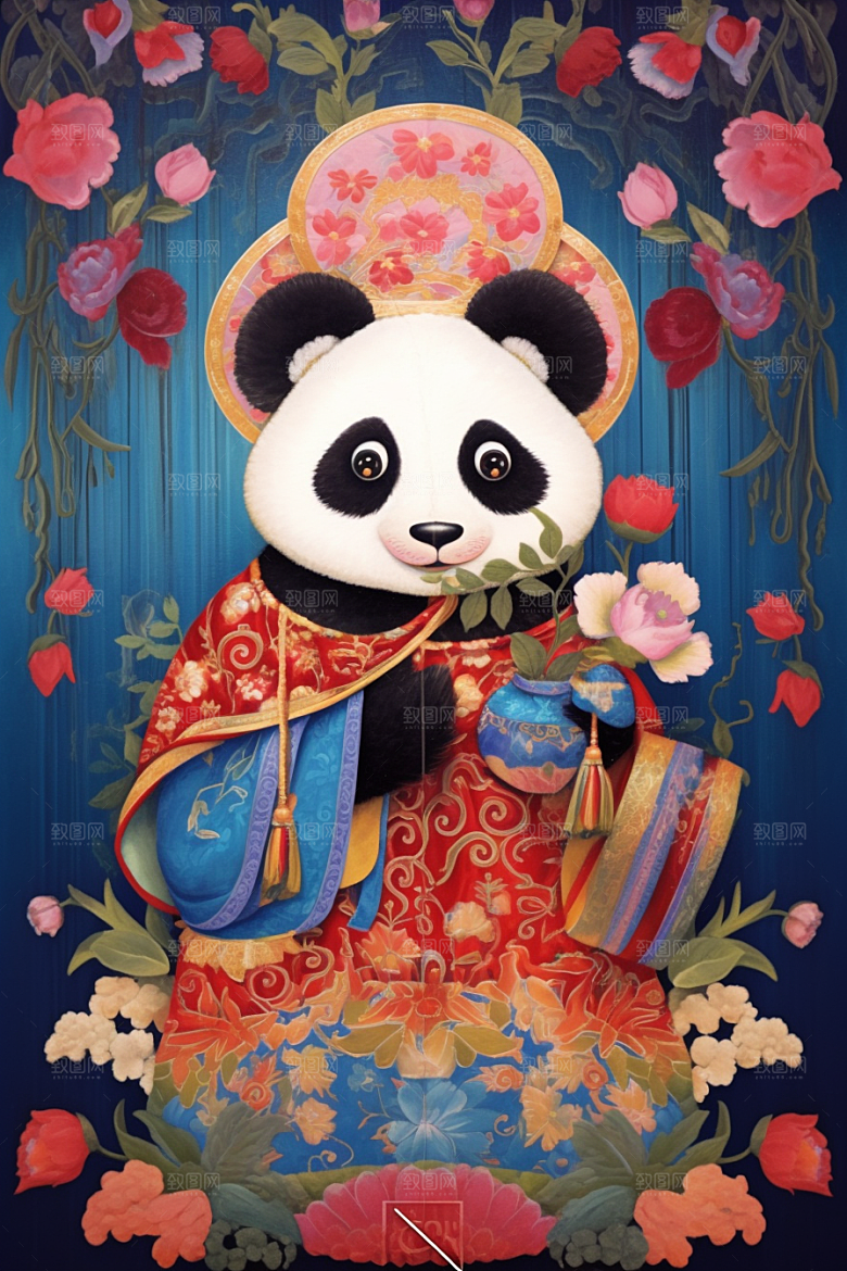 京剧熊猫卡通传统纹样插画