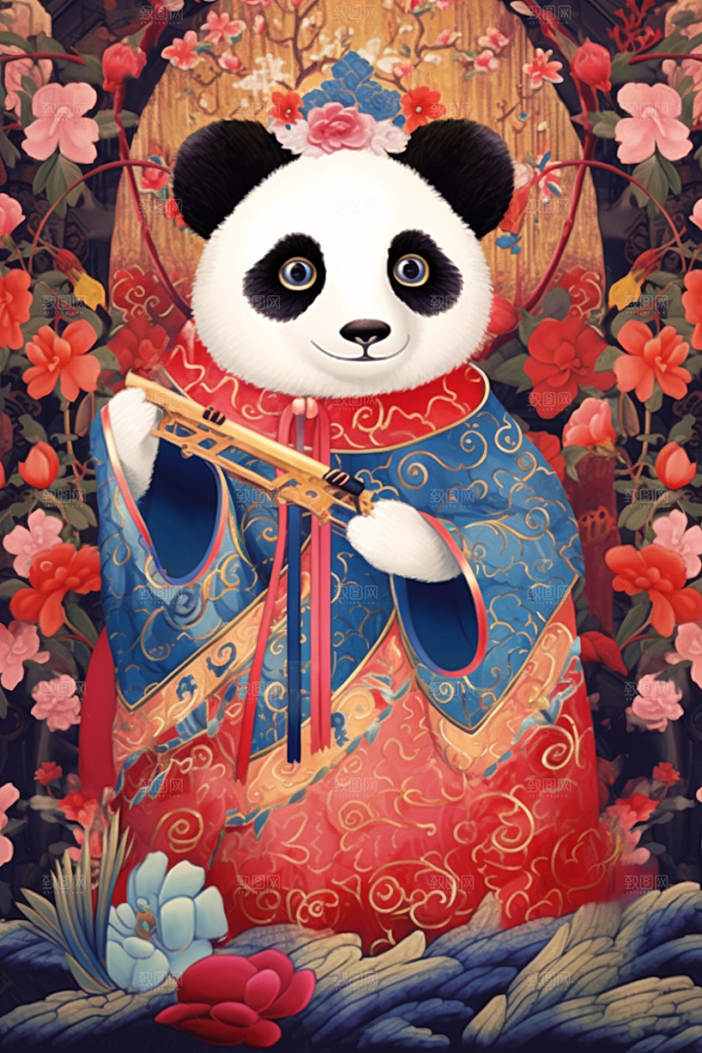 京剧熊猫国潮手绘插画
