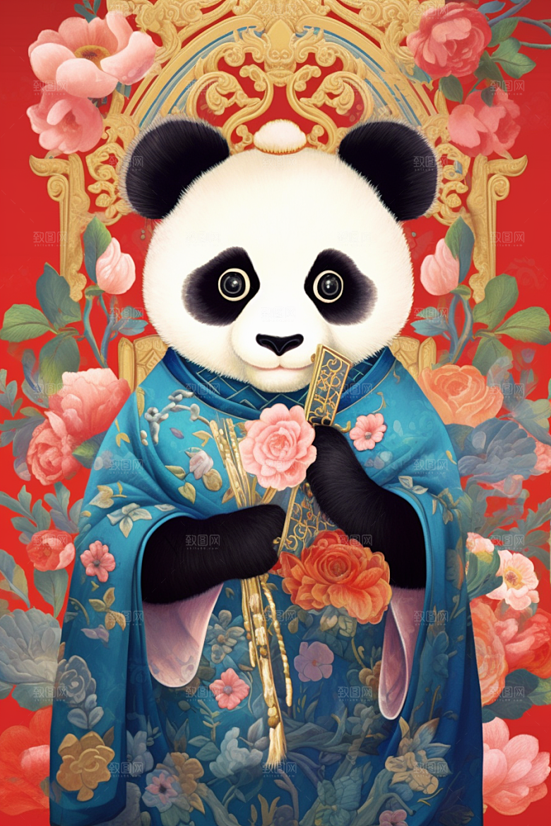 京剧熊猫手绘扮相插画