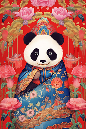 京剧熊猫传统纹样拟人插画