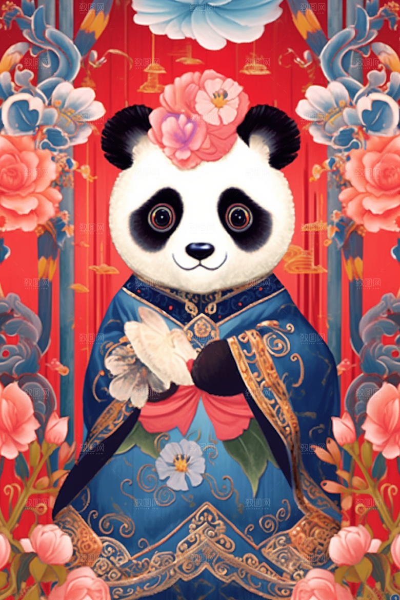 京剧熊猫手绘戏曲插画