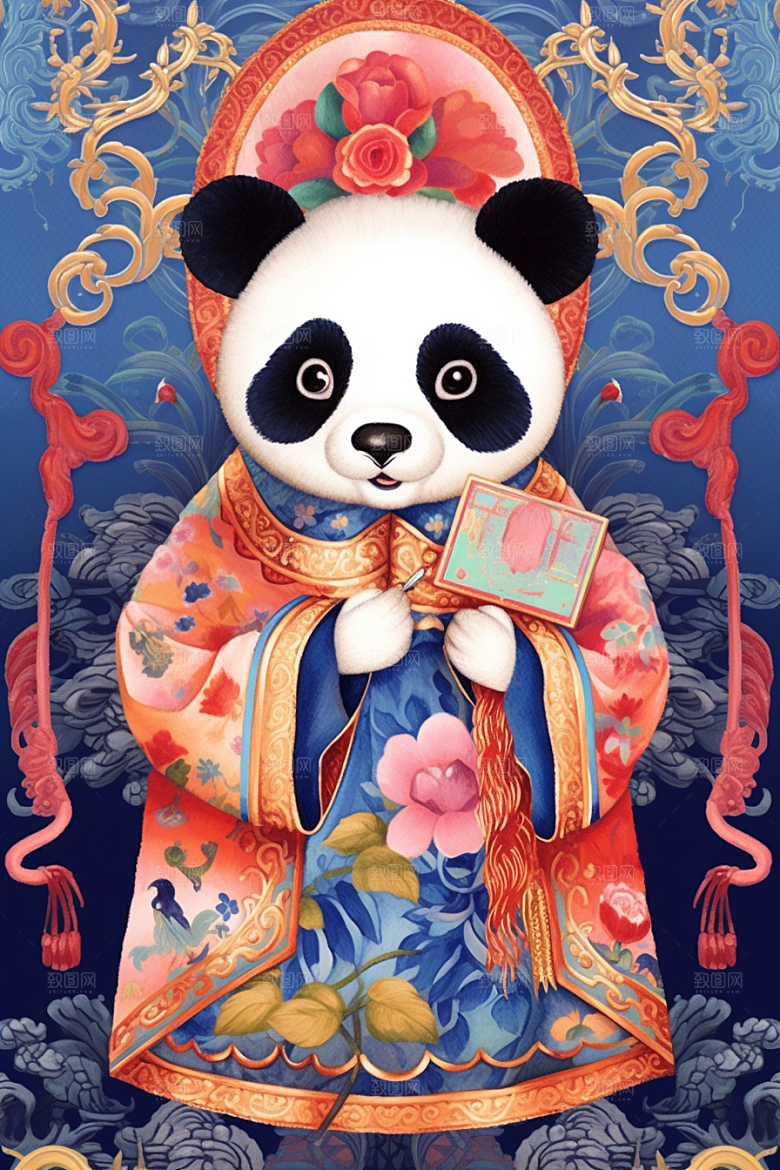 京剧熊猫国粹卡通插画