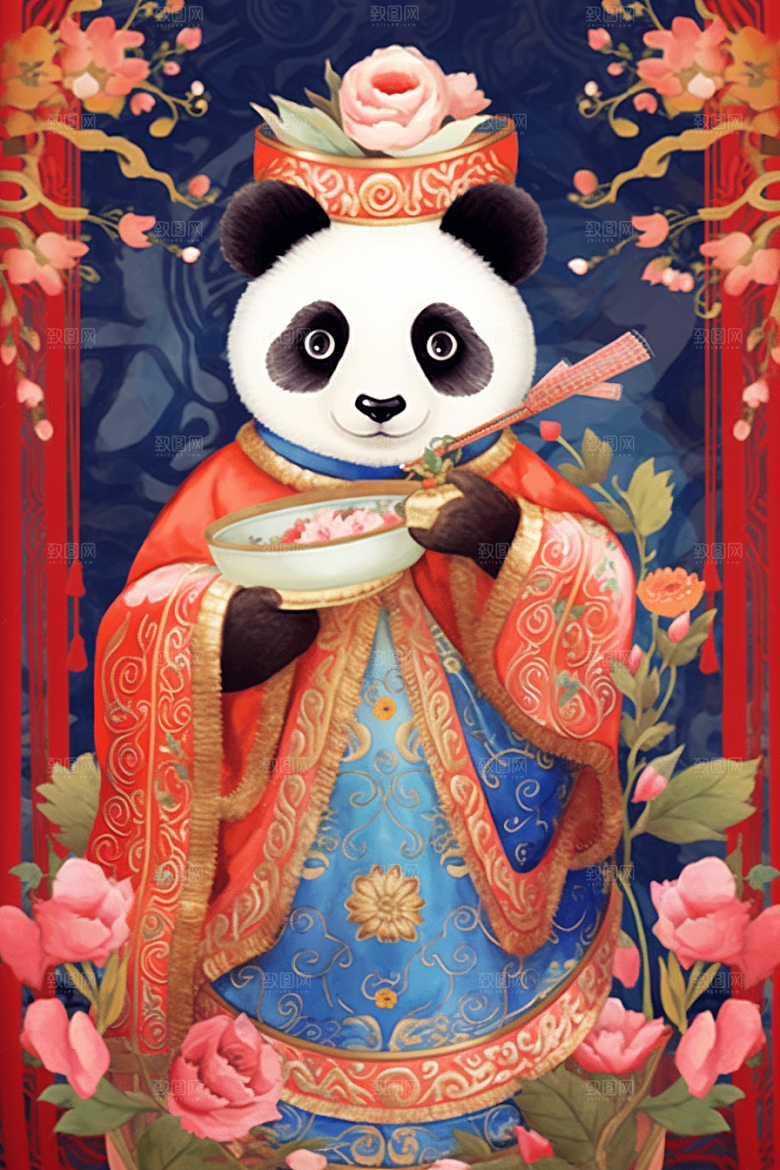 京剧熊猫扮相卡通插画