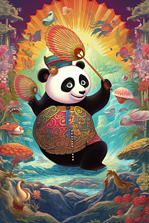 京剧熊猫手绘传统纹样插画