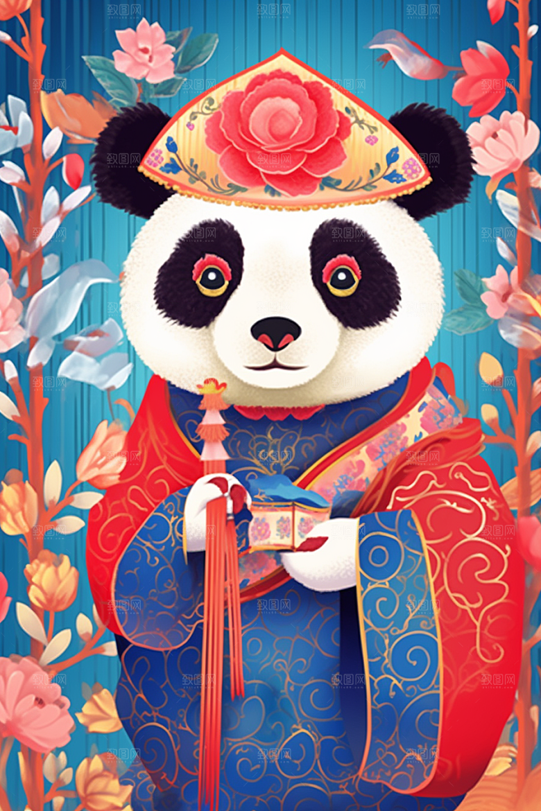 京剧熊猫传统纹样IP形象插画