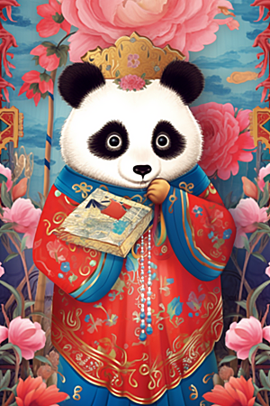 京剧熊猫手绘中式插画