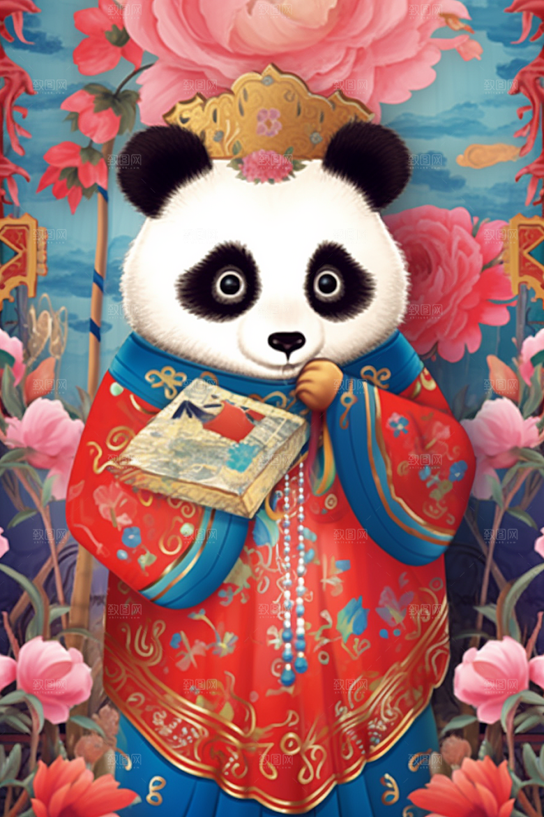 京剧熊猫手绘中式插画