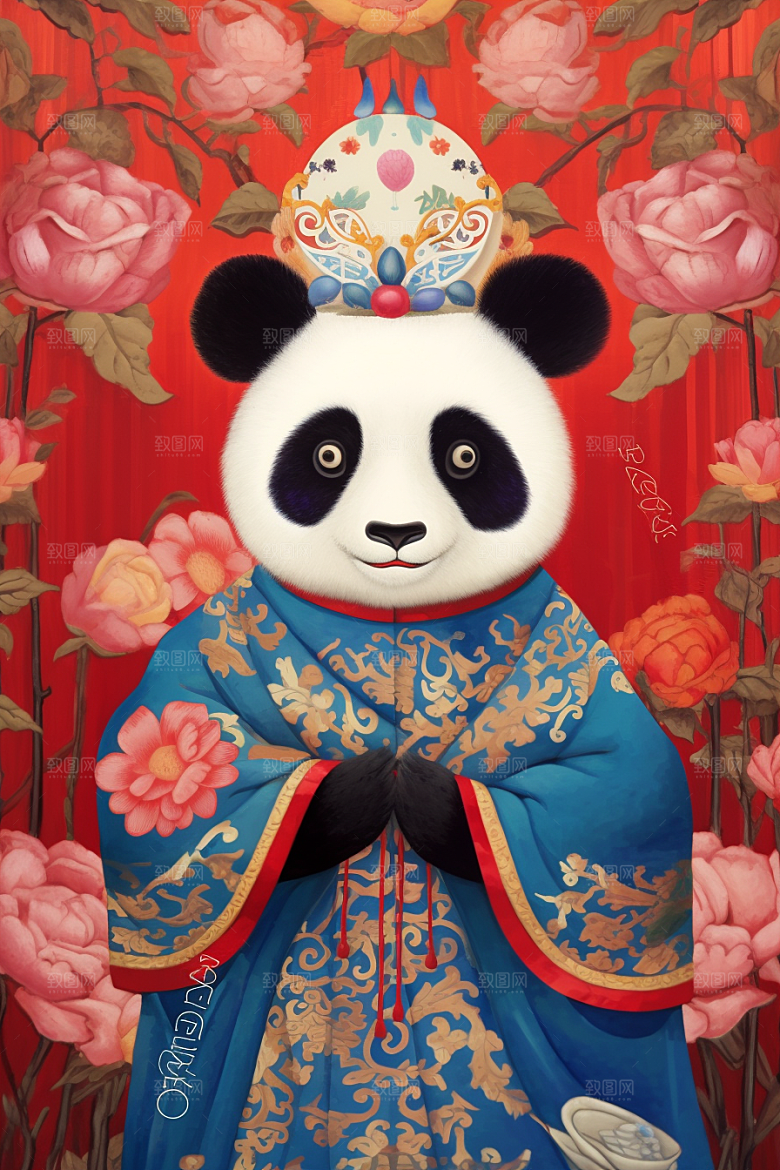 京剧熊猫国潮传统纹样插画