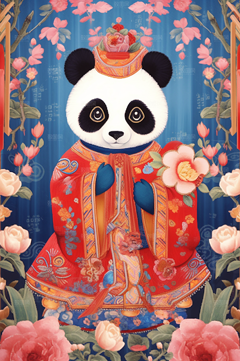 京剧熊猫传统纹样扮相插画