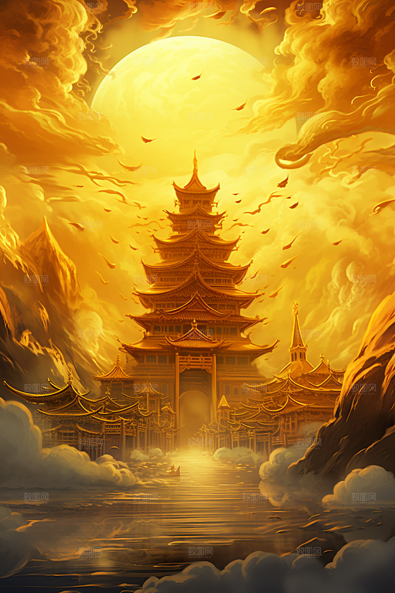 金色神话建筑古风高清原画