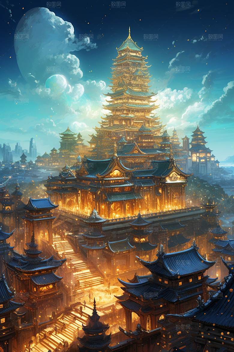 金色神话建筑天宫古风原画
