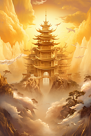 金色神话建筑中国传统风格梦幻原画