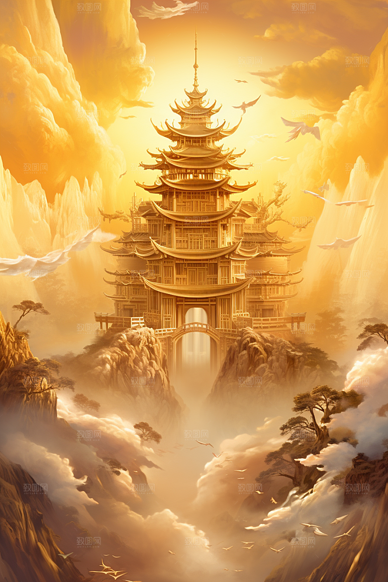 金色神话建筑中国传统风格梦幻原画