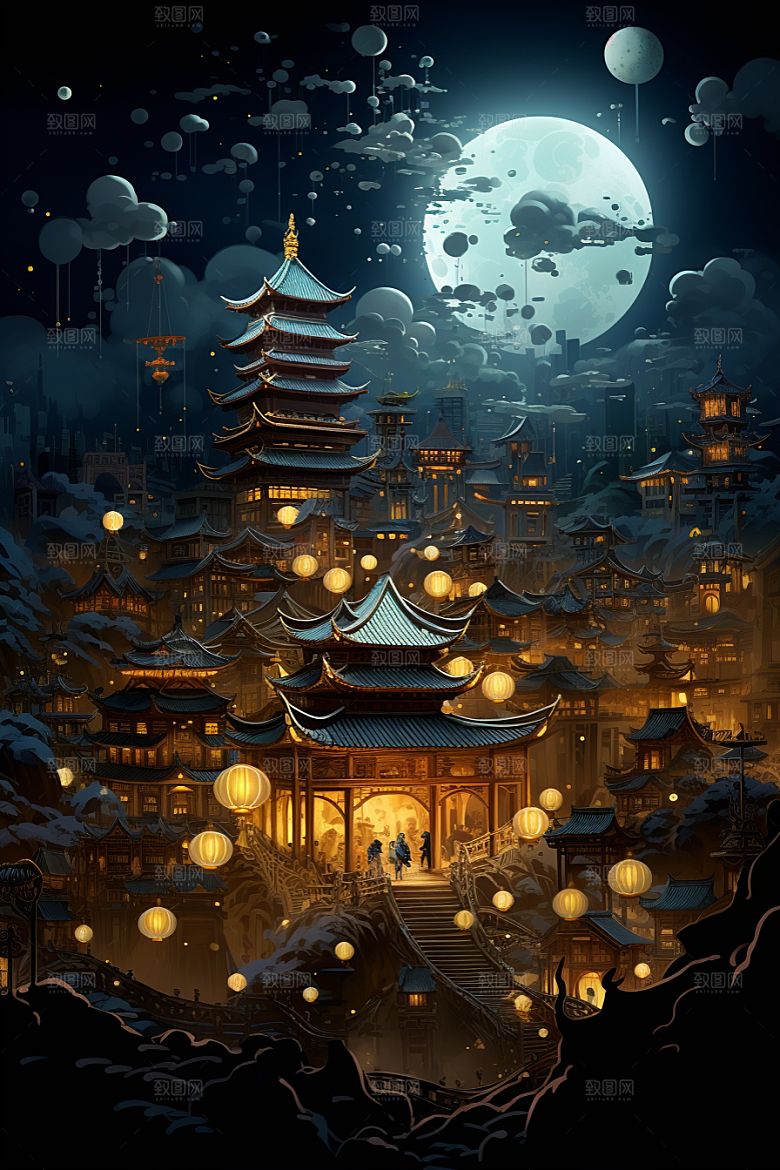 金色神话建筑梦幻中国传统风格原画