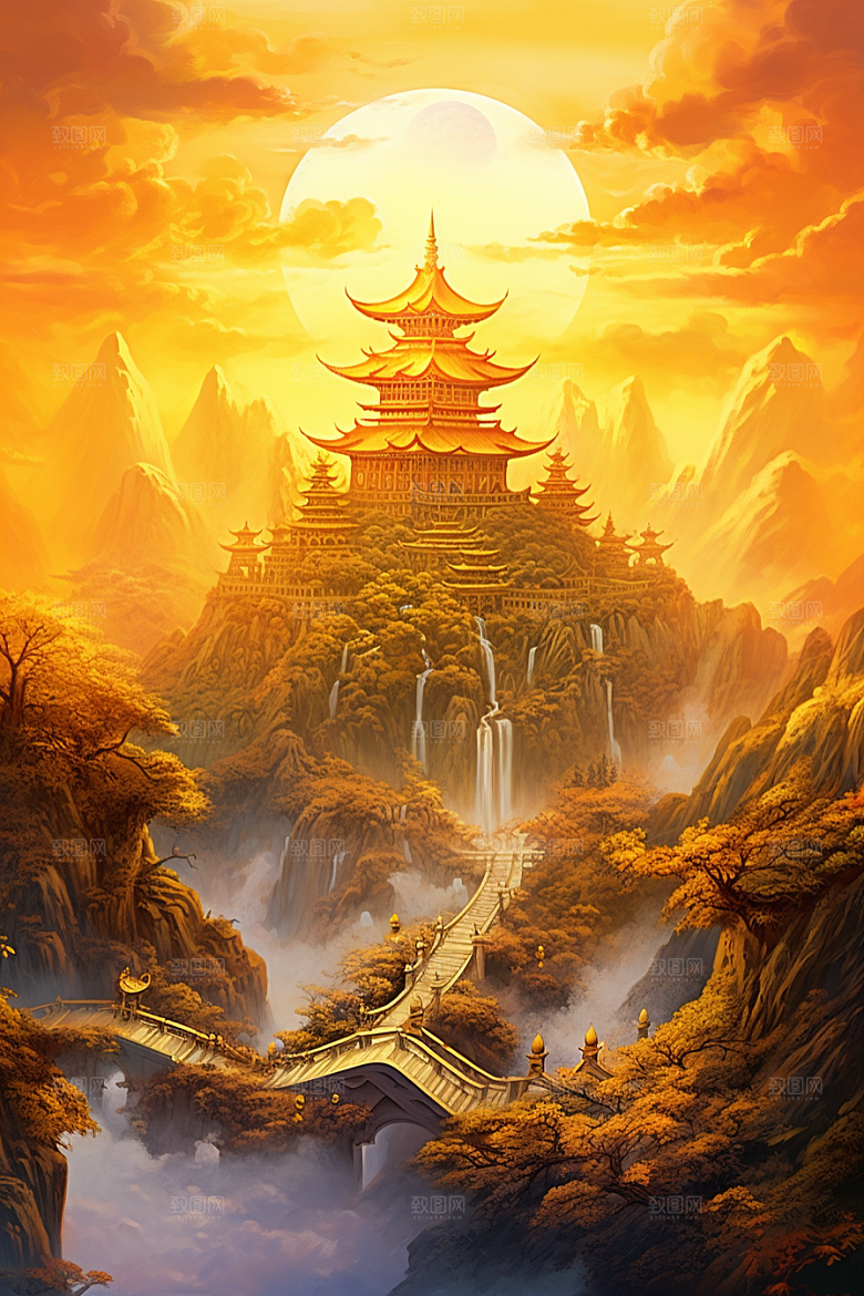 金色神话建筑古风神仙洞府原画