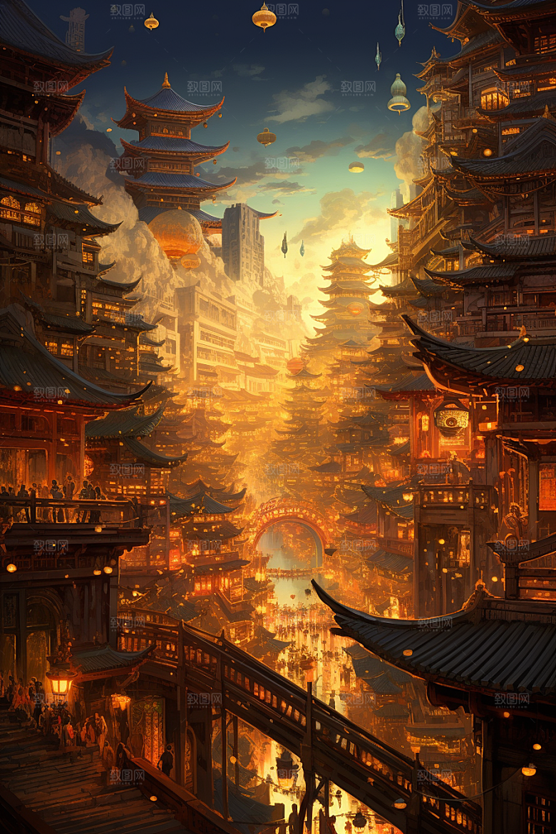 金色神话建筑古风游戏原画