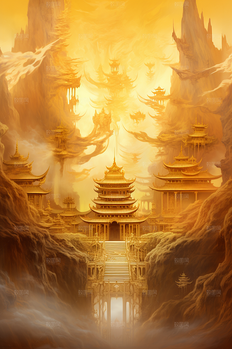 金色神话建筑古风神仙洞府原画