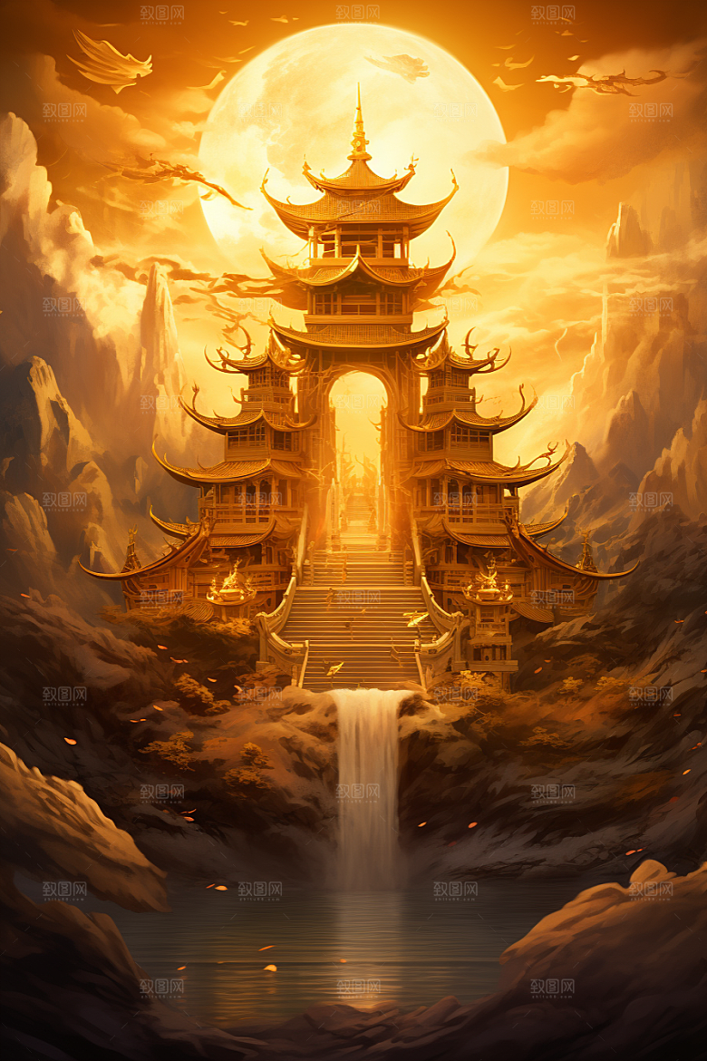 金色神话建筑中国传统风格神仙洞府原画