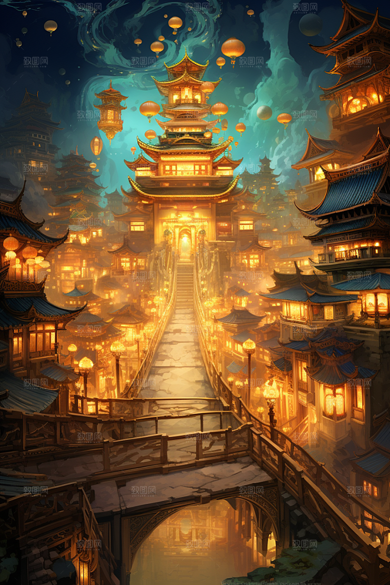 金色神话建筑中国传统风格古风原画
