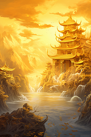 金色神话建筑神仙洞府中国传统风格原画