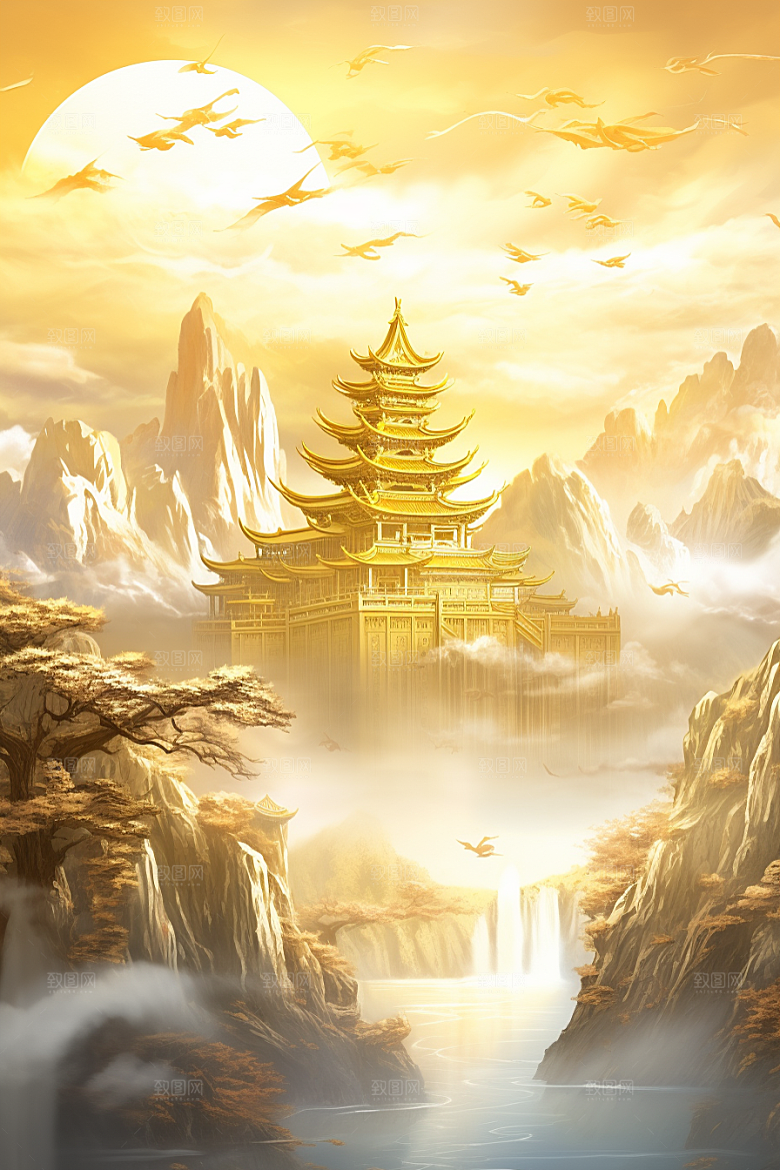 金色神话建筑梦幻古风原画