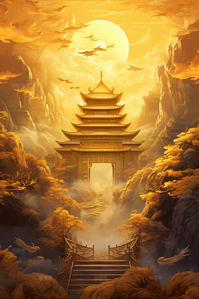 金色神话建筑中国传统风格梦幻原画