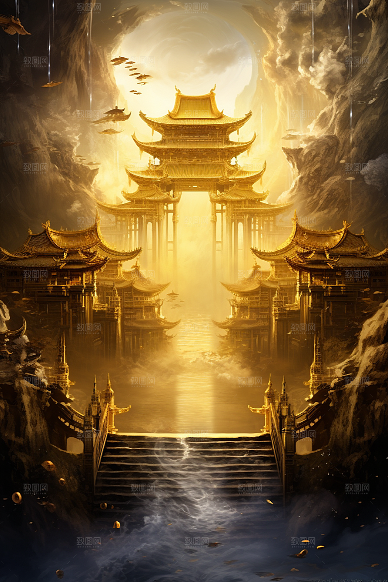 金色神话建筑中国传统风格古风原画