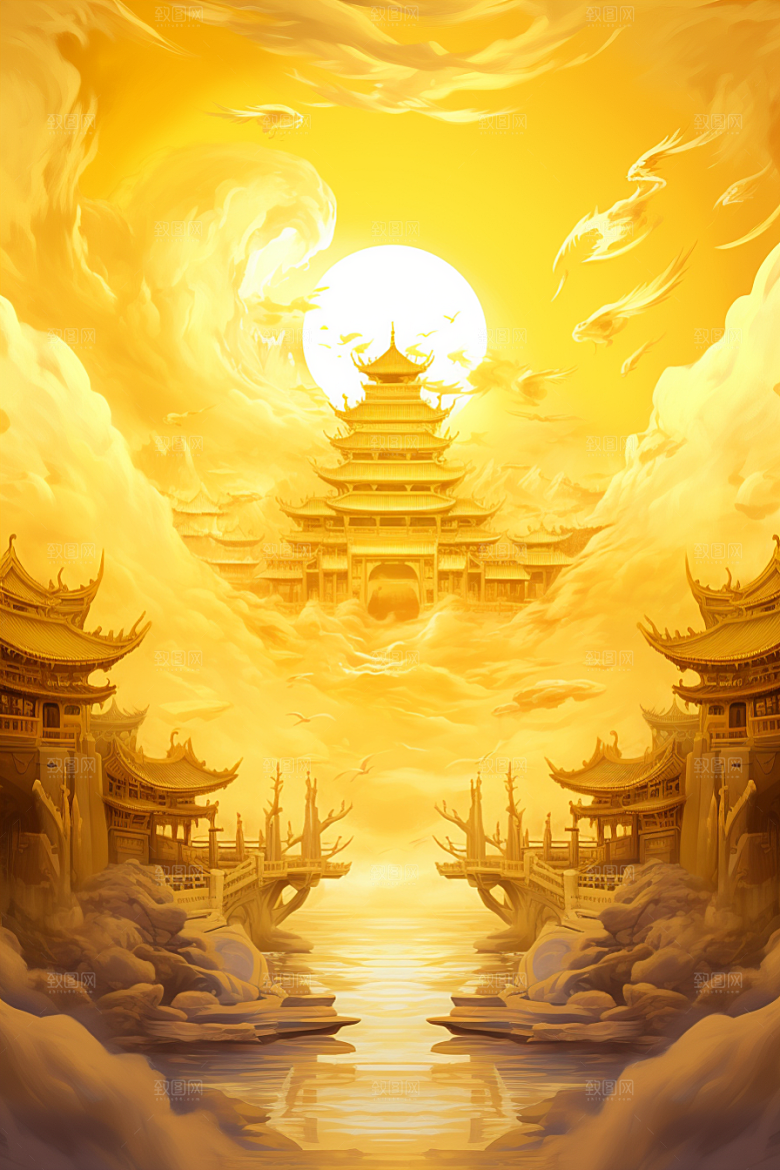 金色神话建筑古风神仙洞府原画